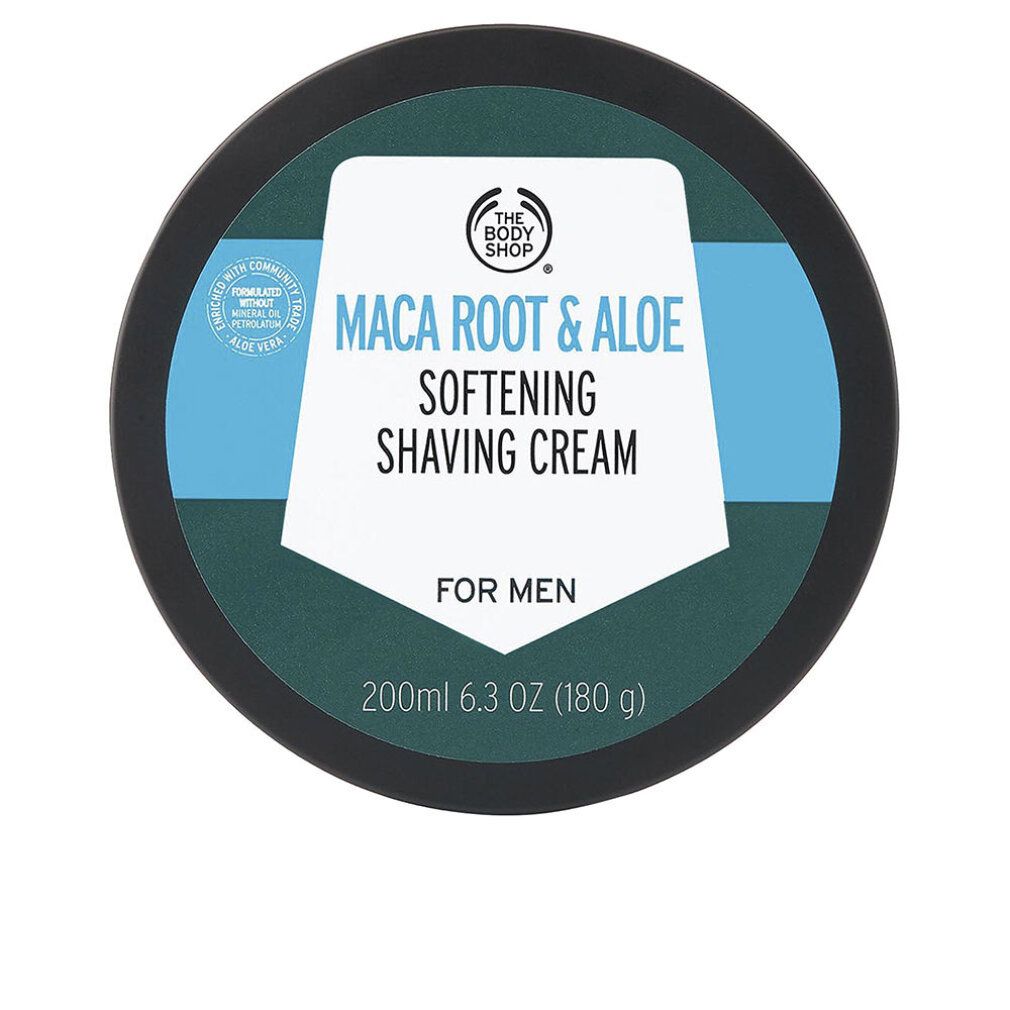 Barattolo visto dall'alto. Scritta: Maca Root & Aloe, Softening Shaving Cream, For Men. 200 ml, 6.3 OZ (180 g).