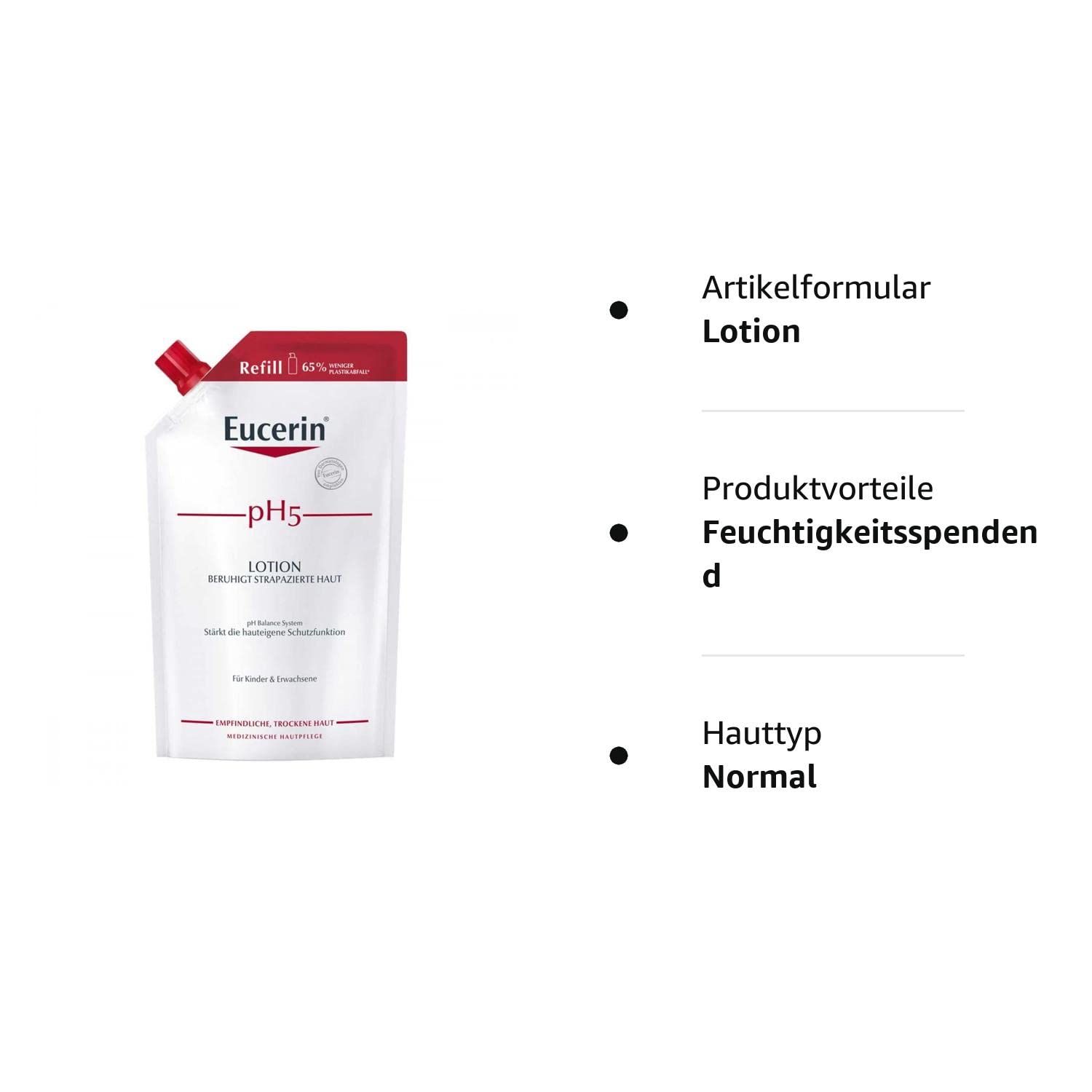 Ricarica di lozione Eucerin pH5. Confezione bianca con accento rosso, promettendo il 65% in meno di rifiuti di plastica. Contiene la lozione pH5 che lenisce la pelle. Adatto a pelli sensibili. Per bambini e adulti.