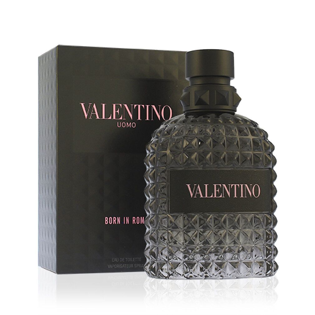 Flacone e scatola di profumo Valentino neri. Bottiglia con motivo piramidale. Nome prodotto: Born In Roma.