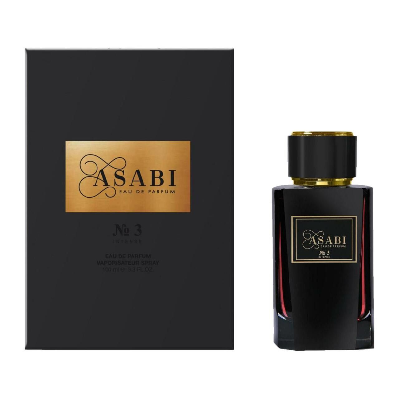Flacone e scatola neri. Scritta dorata: Asabi, No 3. Eau de Parfum. Spray. Tappo nero. Forma rettangolare.