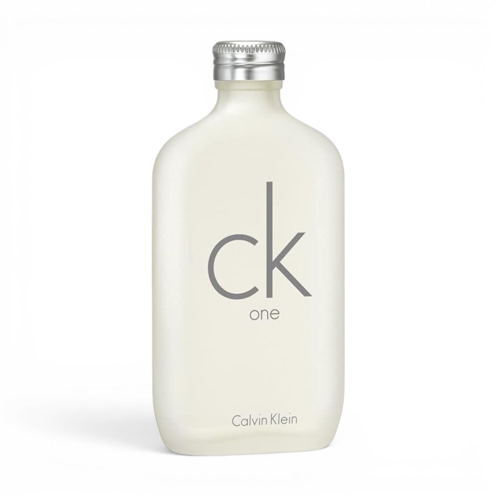 Flacone di Eau de Toilette Calvin Klein CK One con tappo argentato e logo grigio.