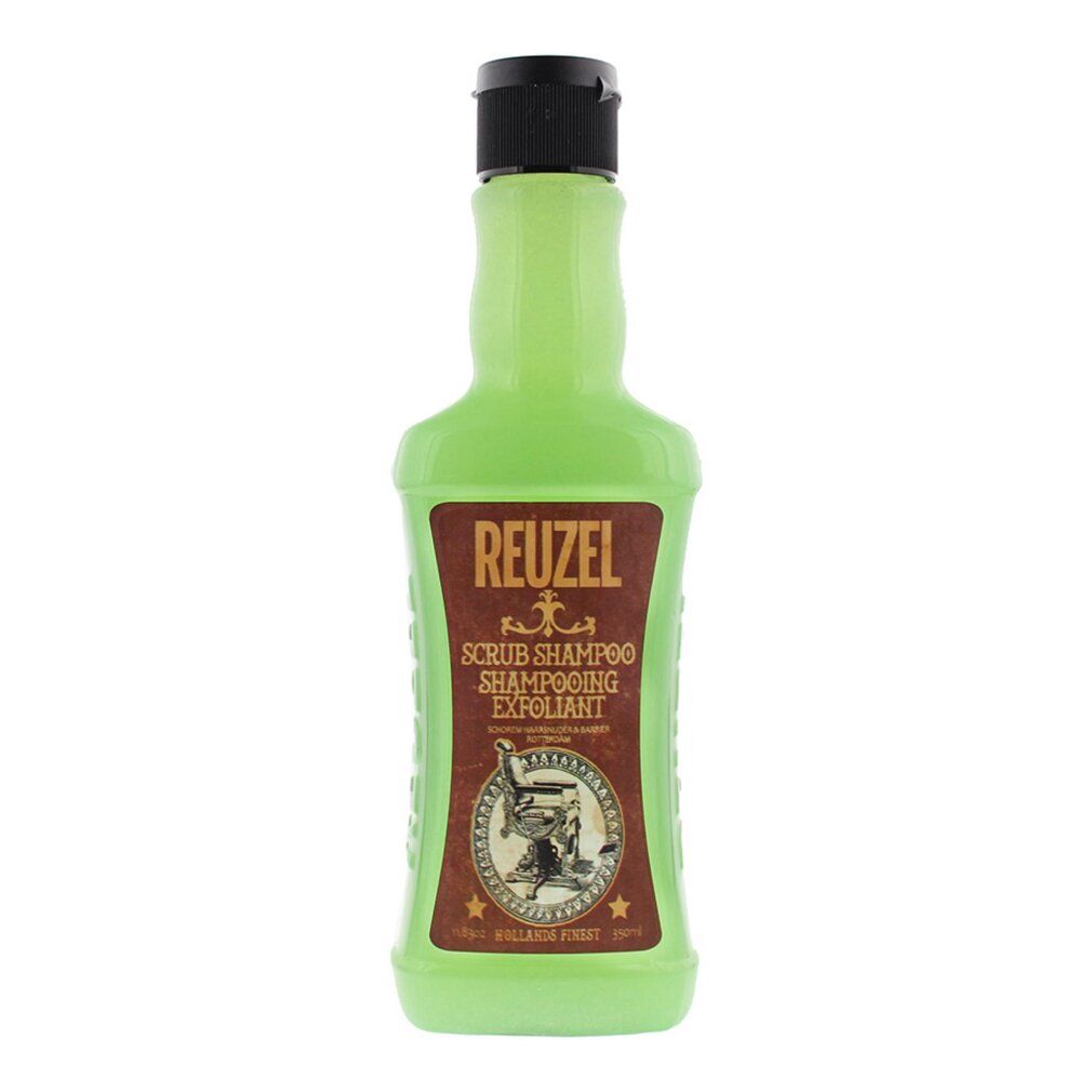 Flacone verde con tappo nero. Etichetta "REUZEL", "SCRUB SHAMPOO" e disegno di poltrona da barbiere.