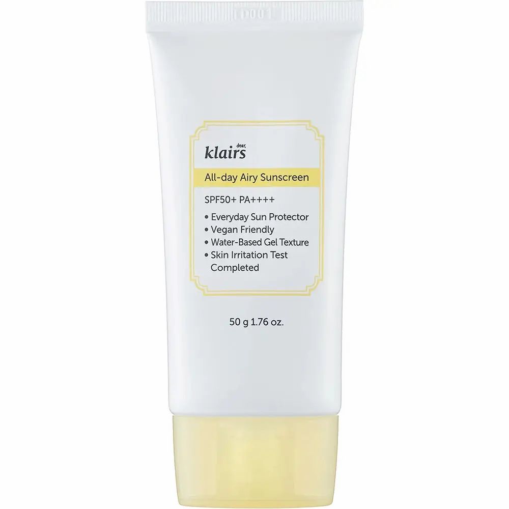 Tubo bianco con tappo giallo. Scritta: klairs All-day Airy Sunscreen SPF50+ PA++++. 50 g 1.76 oz.