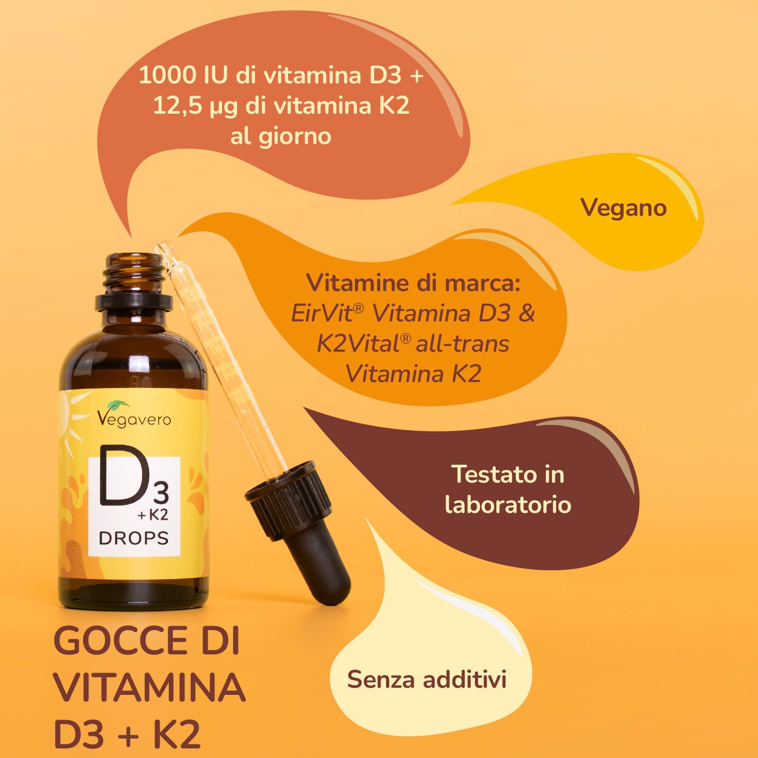 Flacone di gocce di Vitamina D3+K2 Vegavvero con contagocce e spiegazioni su produzione vegana e tedesca.