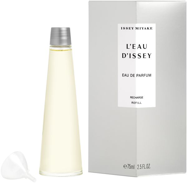 Flacone conico, tappo argentato, imbuto e confezione. Testo: Issey Miyake, L'Eau d'Issey, Eau de Parfum, Ricarica.