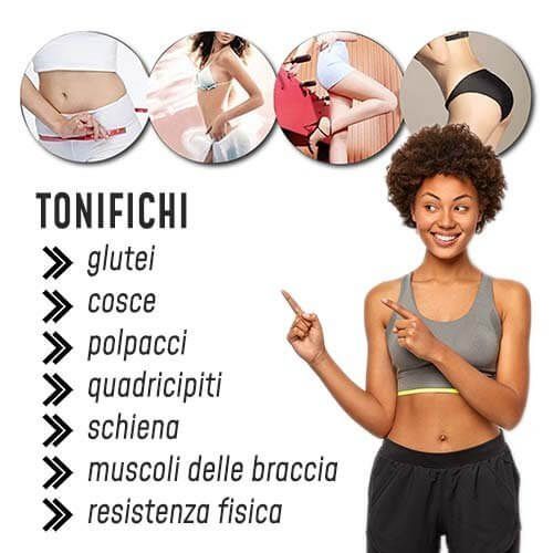 Donna indica parti del corpo. Testo: Glutei, cosce, polpacci, quadricipiti, schiena, muscoli delle braccia, resistenza fisica.