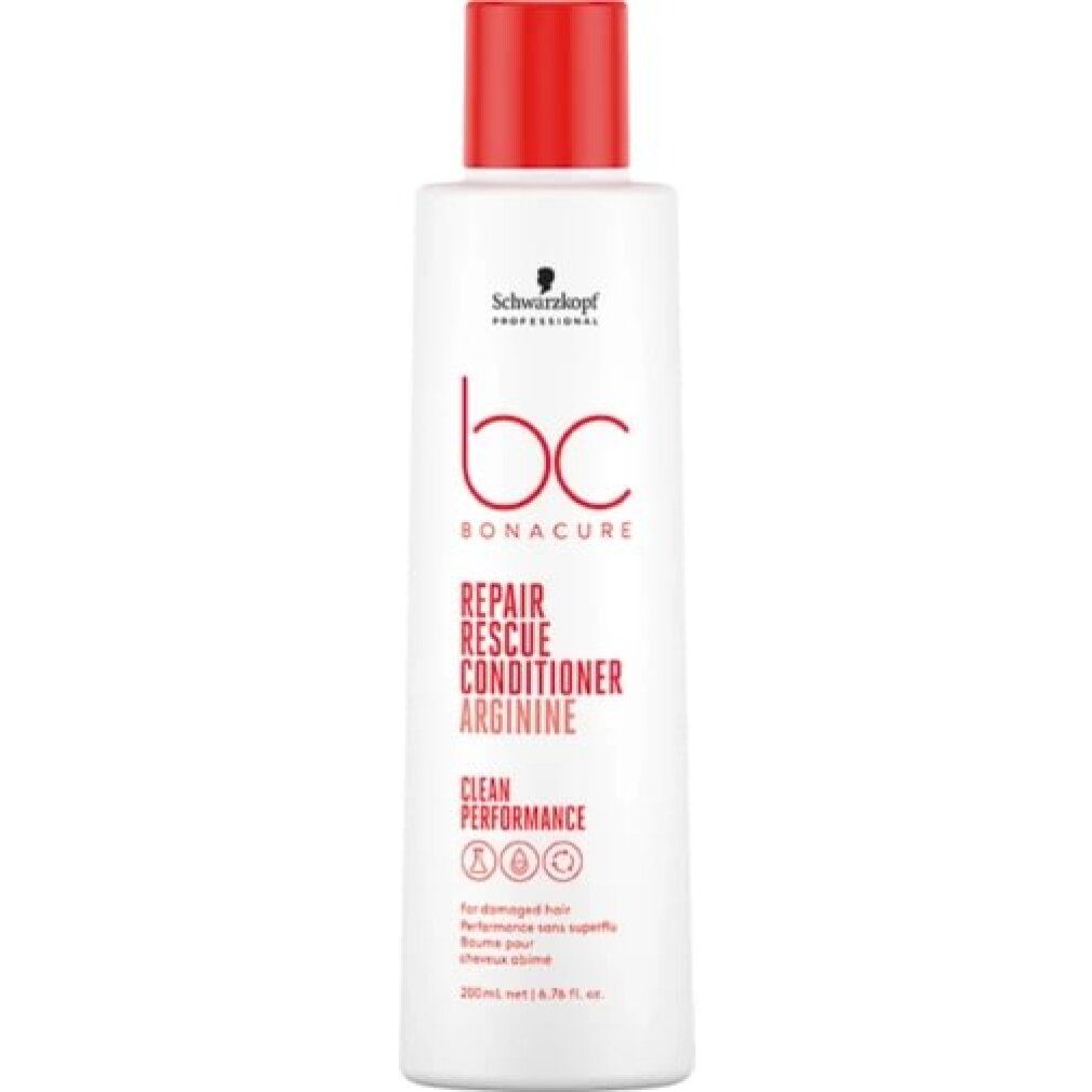 Flacone bianco con tappo rosso. Scritta: Schwarzkopf Professional, bc Bonacure, Repair Rescue Conditioner Arginine. Per capelli danneggiati.