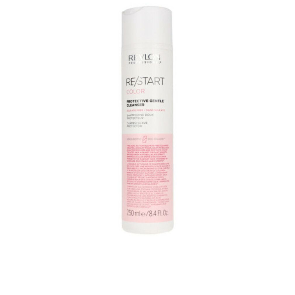 Flacone bianco con etichetta rosa. Testo: RE/START COLOR, Protective Gentle Cleanser. 250 ml/8.4 fl oz.