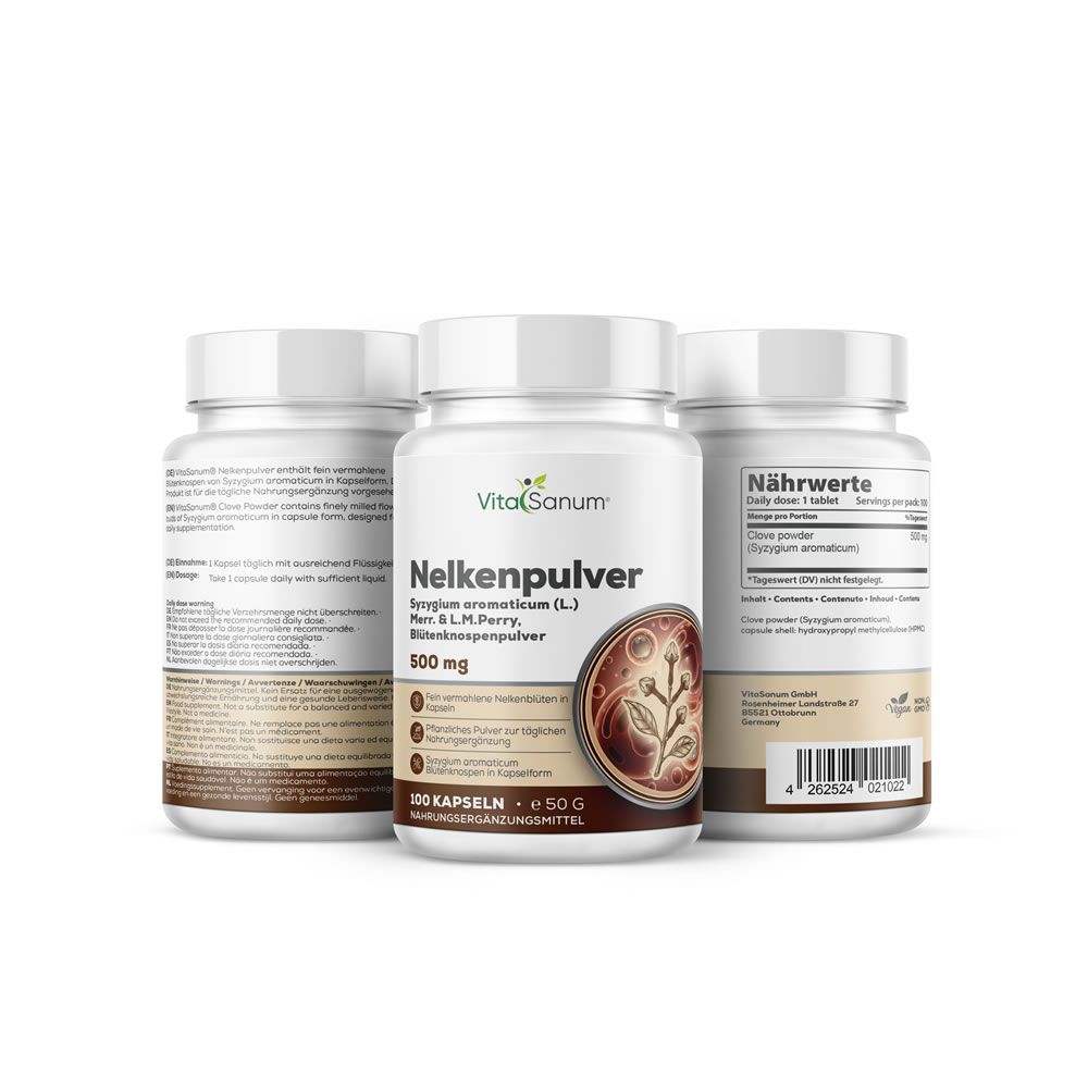 Tre flaconi di capsule. Flacone centrale: Nelkenpulver, 500 mg, 100 capsule. Logo VitaSanum. Altri due flaconi sullo sfondo.