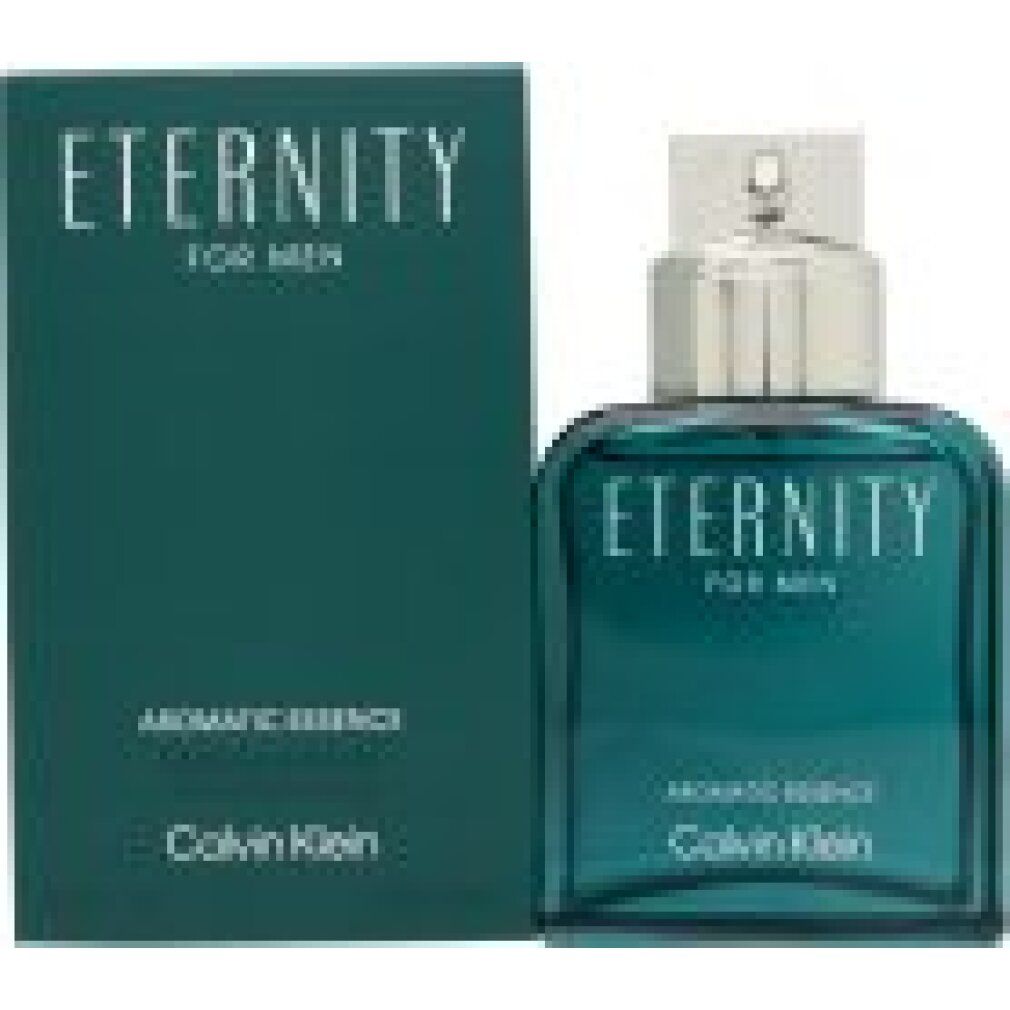 Flacone e confezione turchese. Scritta: Eternity for Men, Aromatic Essence, Calvin Klein. 100 ml.
