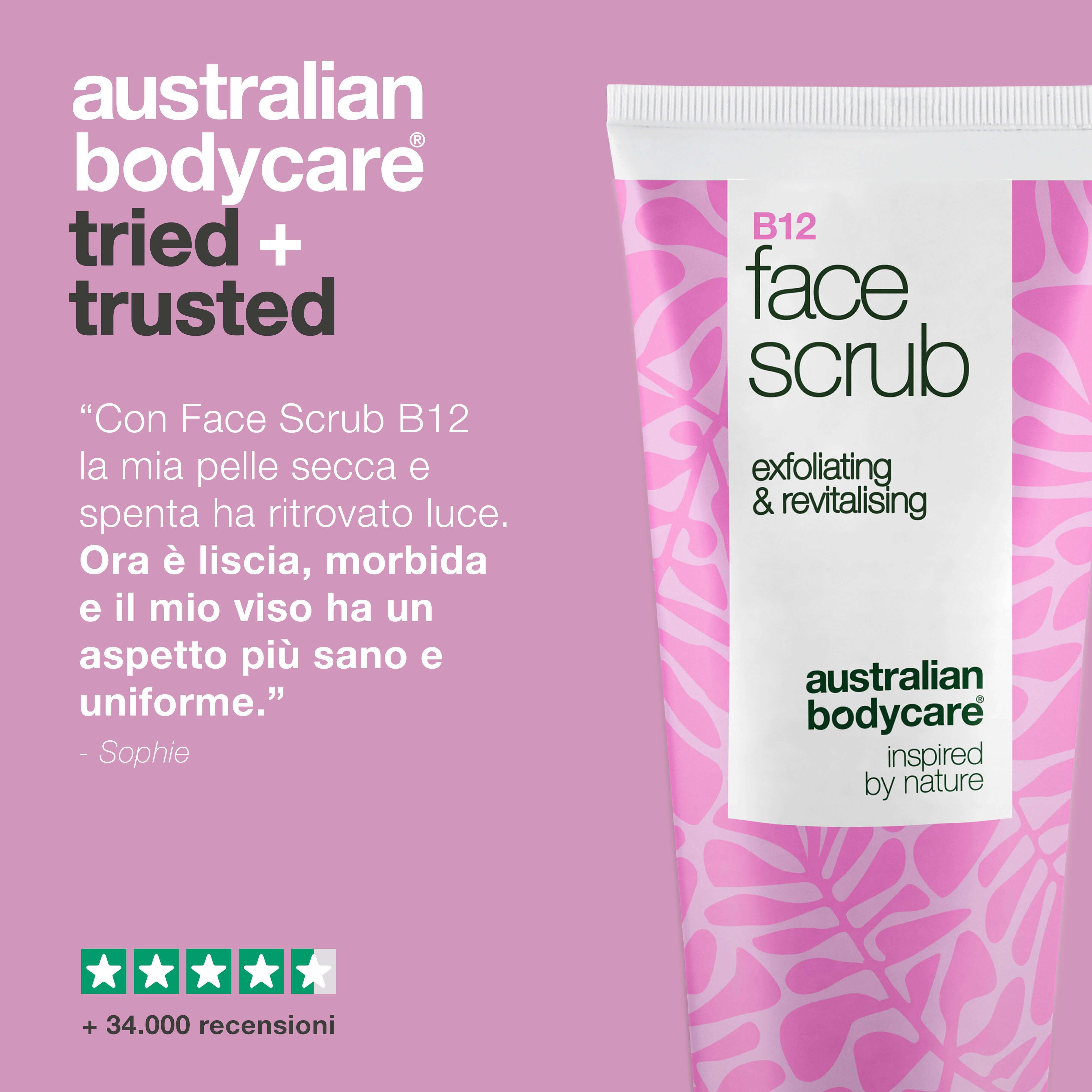 Tubo di scrub, testo, logo, sfondo rosa. Valutazione stelle.