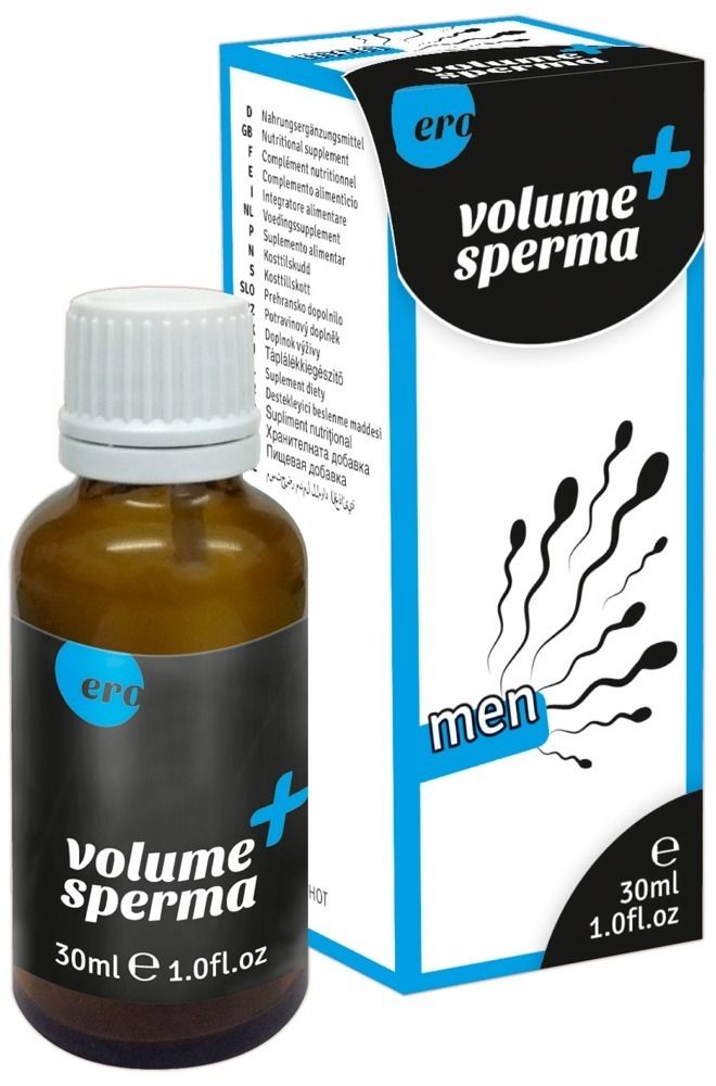 Confezione di prodotto con simboli simili a spermatozoi, scritta 'volume sperma' e 'men'.