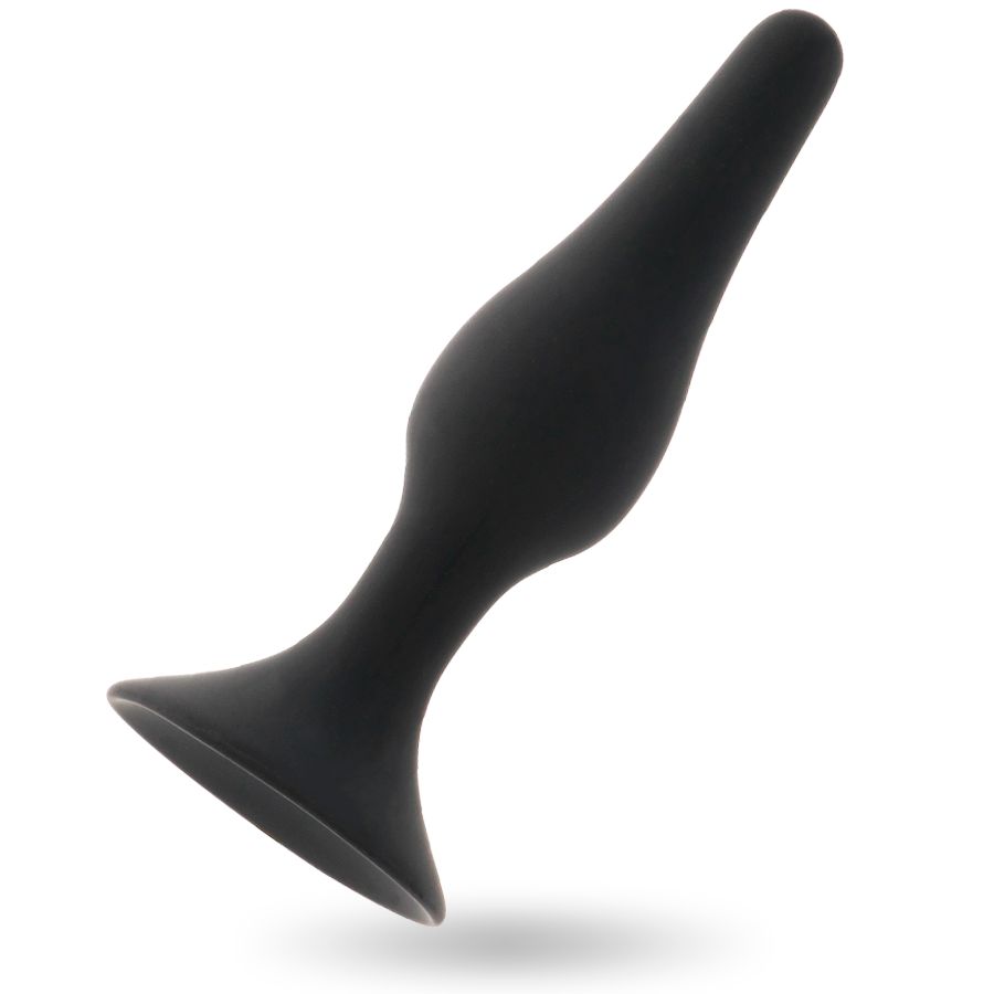 Plug anale nero con base larga e piatta, mostrato in prospettiva.