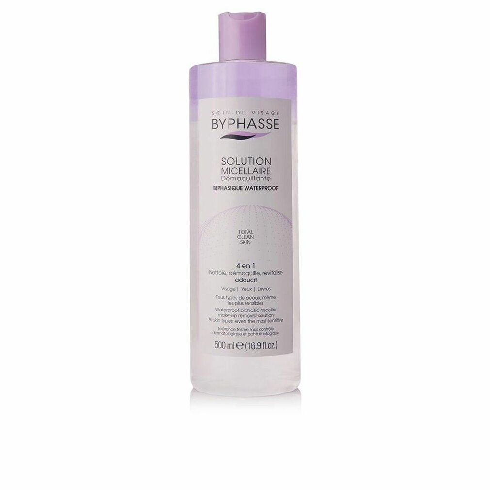 Flacone con tappo viola. Scritta: BYPHASSE, SOLUTION Micellaire, Demaquillante, Bifasique Waterproof. 500 ml.