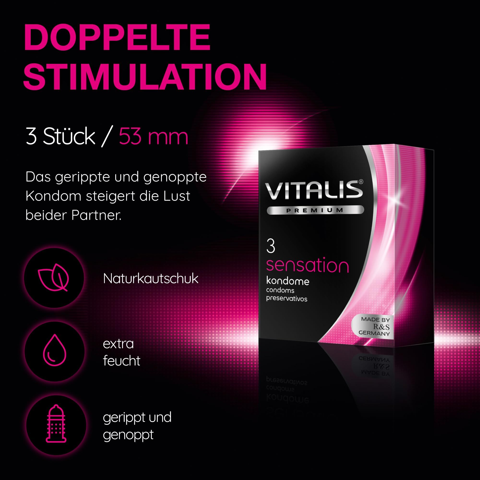 Vitalis PREMIUM Sensation: 3 pezzi, 53 mm. Coste e puntini per la stimolazione.
