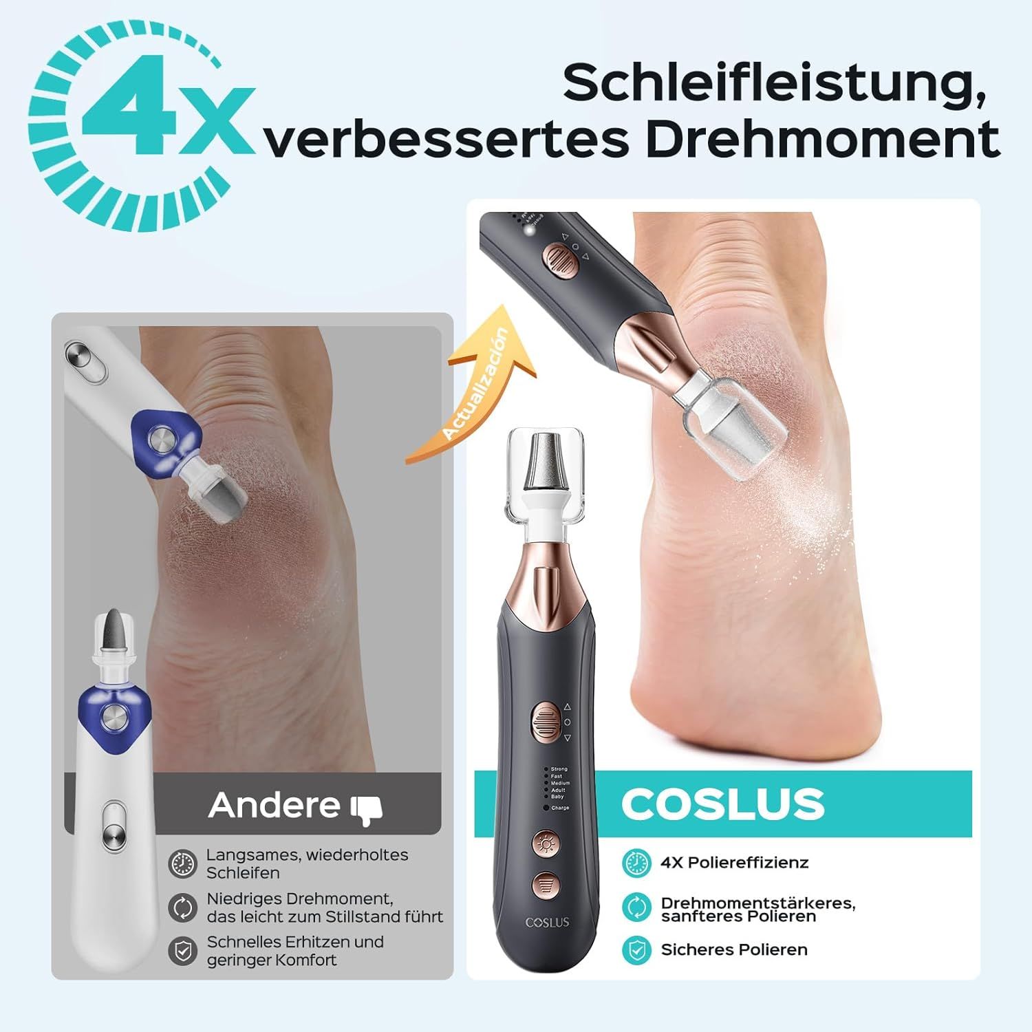 Lima per unghie elettrica. Confronto: COSLUS vs. altro. COSLUS: 4x efficienza lucidatura, coppia migliorata, lucidatura sicura.