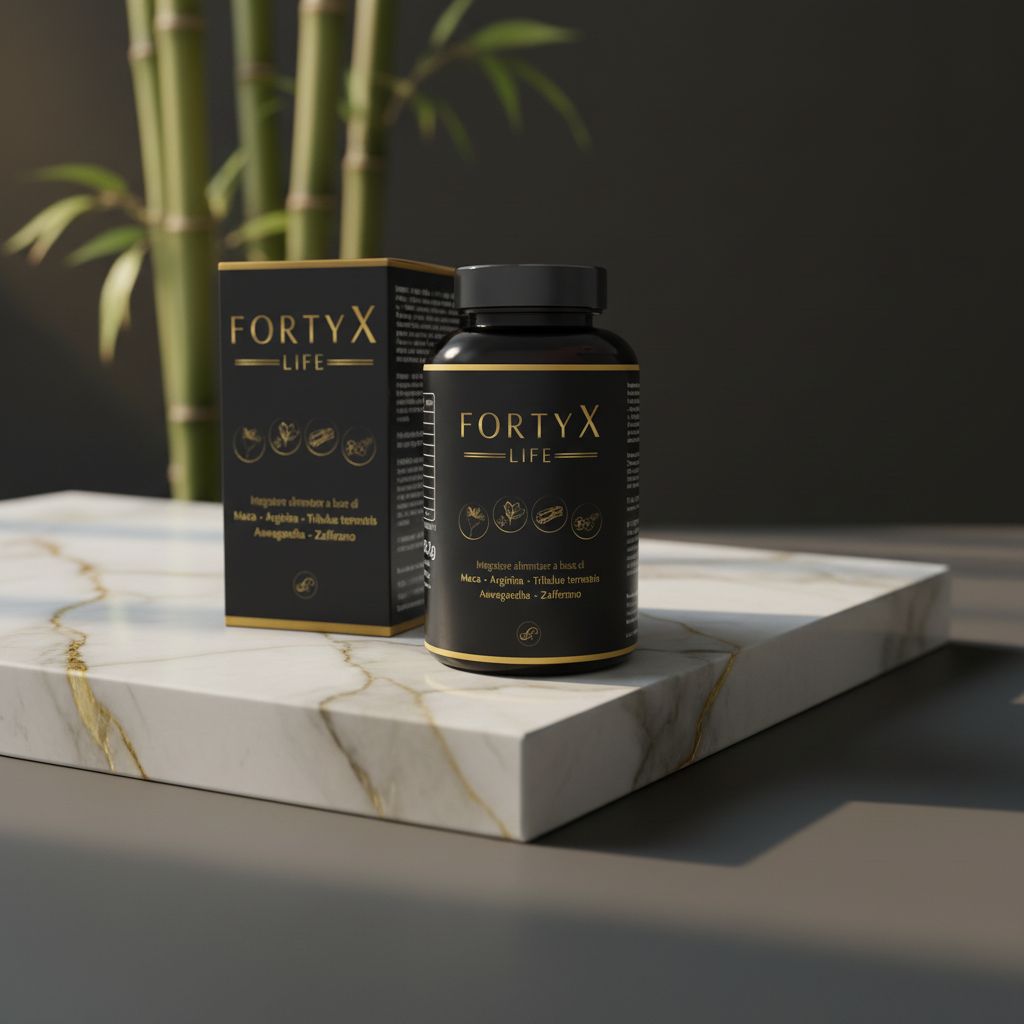 Flacone e scatola neri con testo dorato. Scritta: FORTY X LIFE. Posizionati su una lastra di marmo.