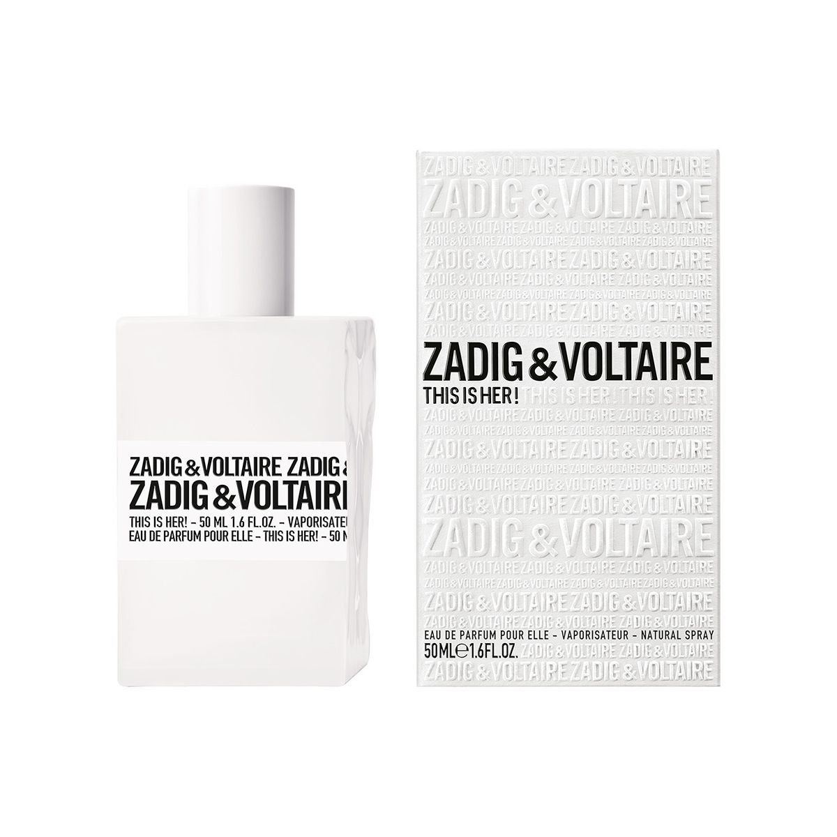 Flacone bianco e confezione. Scritta: Zadig & Voltaire, THIS IS HER! 50 ml. Confezione con logo.
