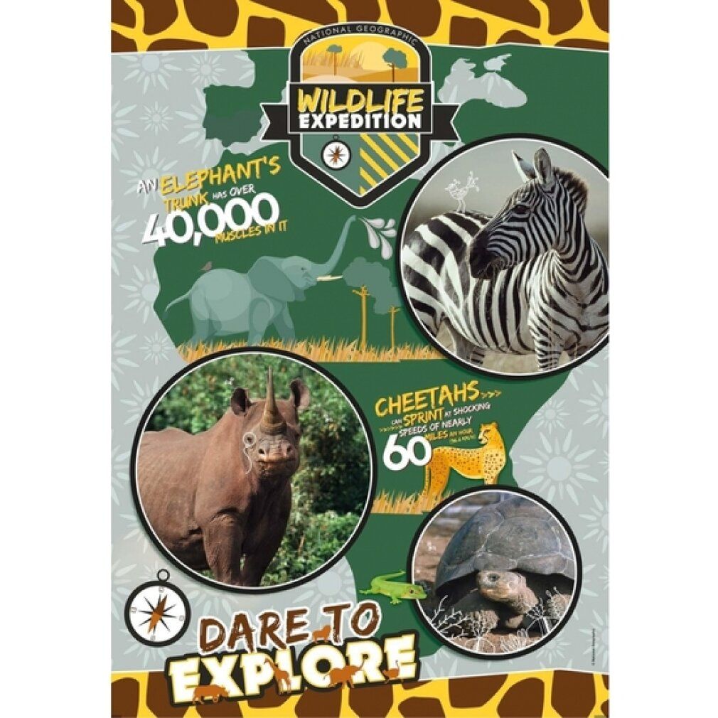 Poster National Geographic Wildlife Expedition. Mostra elefanti, rinoceronte, zebra, ghepardo e tartaruga con fatti.