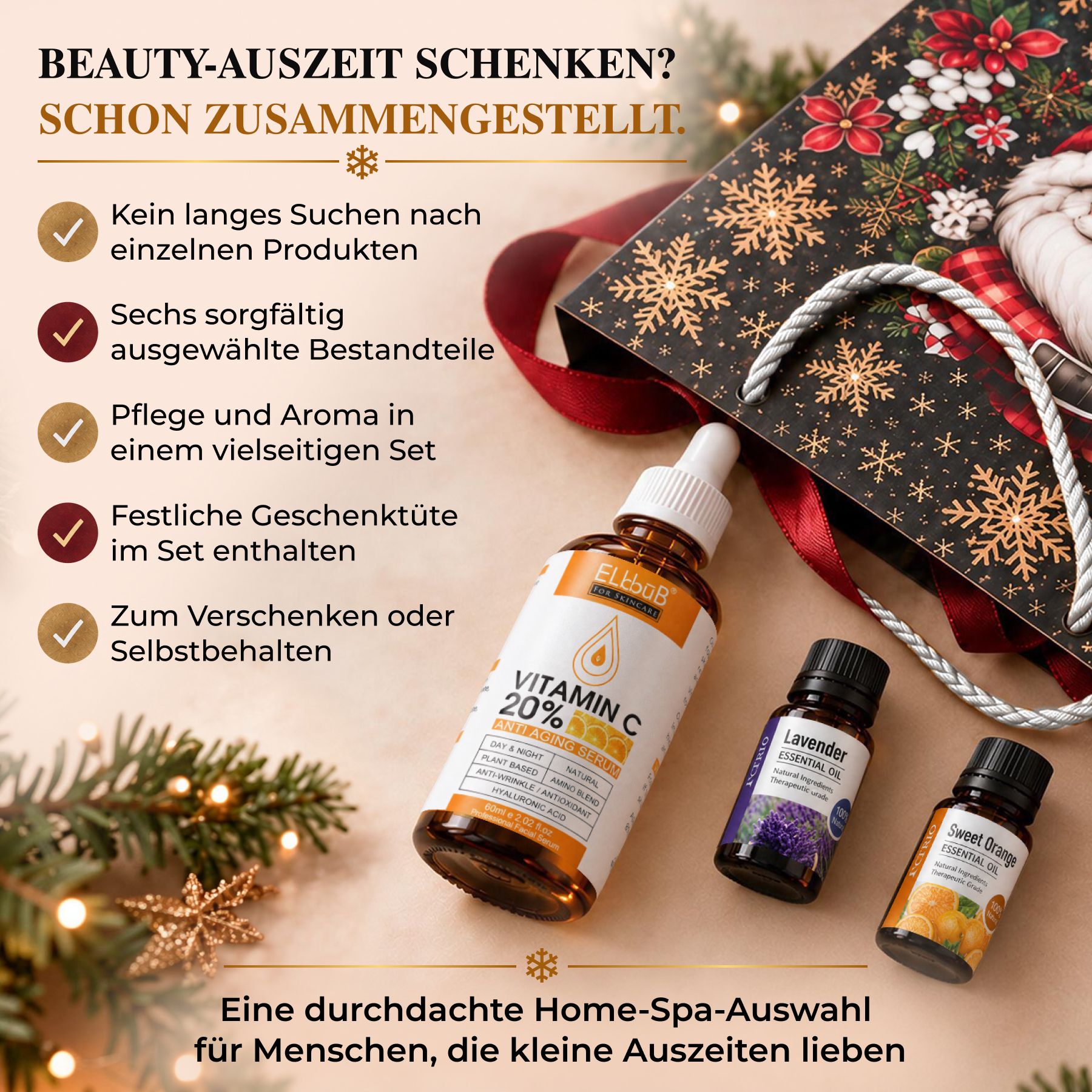Contenuto di un beauty box: siero alla vitamina C e oli essenziali in una borsa regalo.
