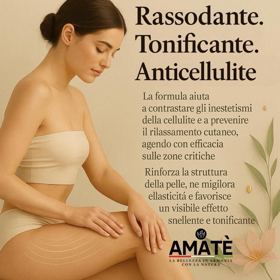 Donna seduta che tocca la gamba. Testo sulla cellulite e la pelle. Marchio: AMATÈ. Flacone del prodotto sullo sfondo.