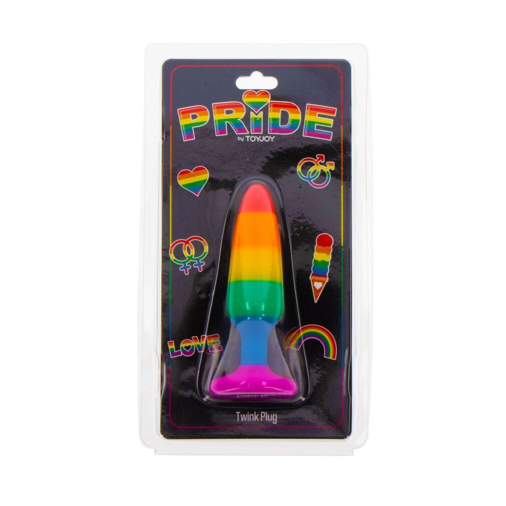 Plug anale arcobaleno confezionato con logo Pride e simboli.