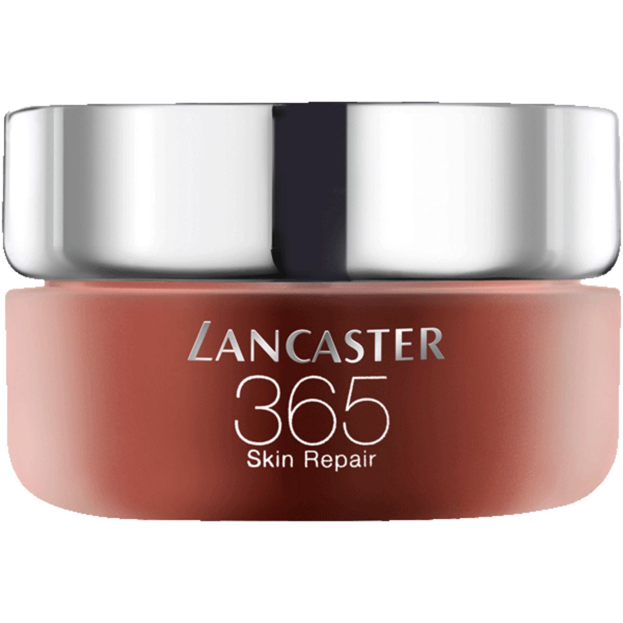 Vaso di crema con coperchio argentato. Scritta: Lancaster 365 Skin Repair. Vaso marrone.