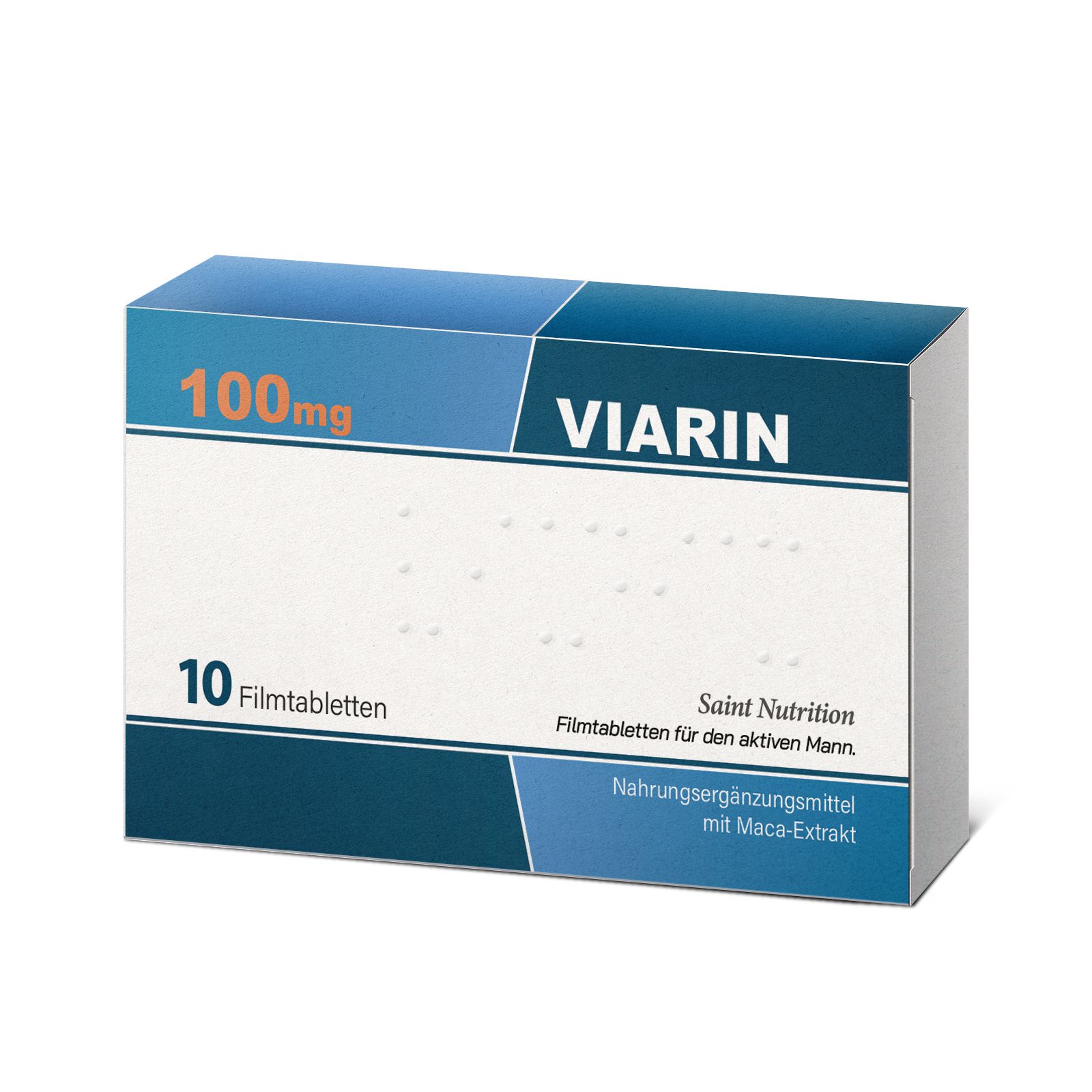 Confezione di compresse rivestite Viarin. Scatola blu e bianca con nome del prodotto, dosaggio (100mg) e quantità (10). Testo: "per l'uomo attivo".