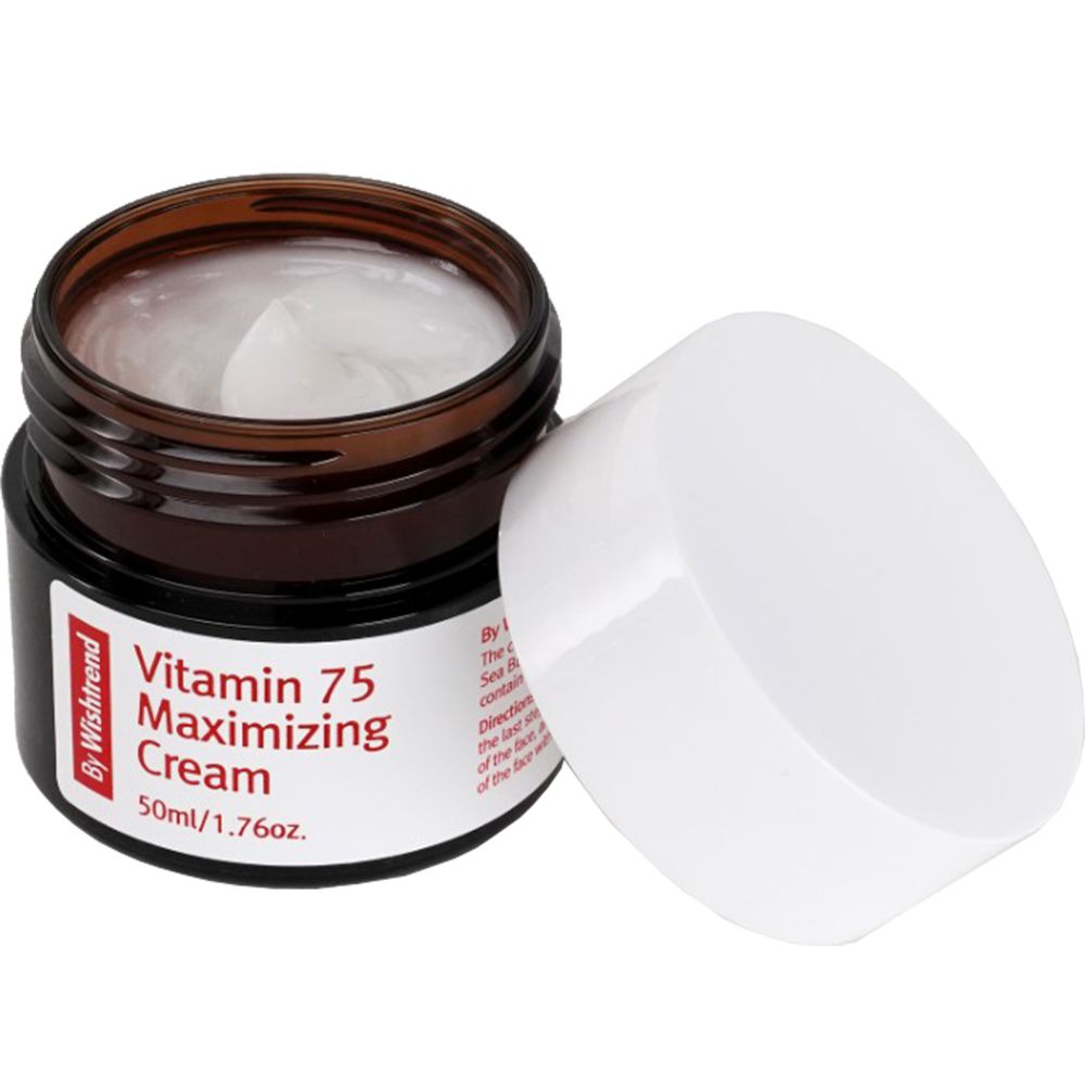 Vaso marrone con coperchio bianco accanto. Etichetta con testo rosso: Vitamin 75 Maximizing Cream. 50ml/1.76oz. Marchio: By Wishtrend.