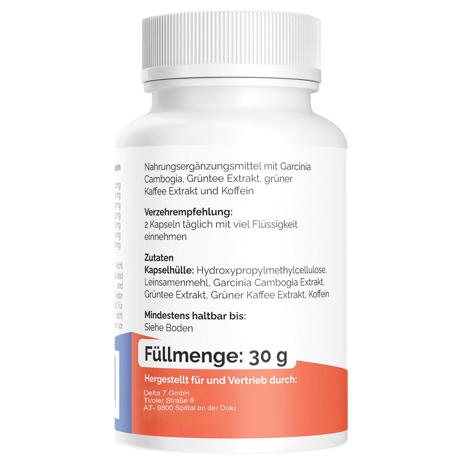 Retro di un flacone bianco con capsule. Testo: Integratore alimentare, ingredienti, raccomandazioni. Quantità: 30 g.