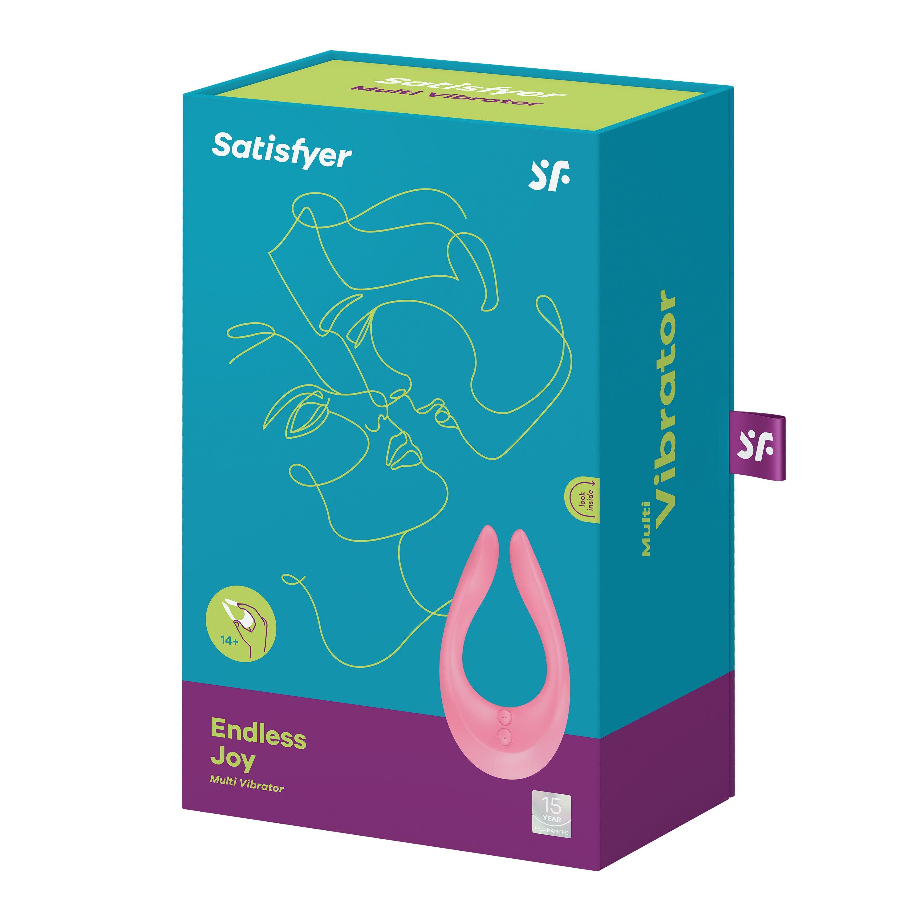 Confezione del prodotto benessere. Scatola blu-verde con immagine del prodotto e scritta 'Satisfyer'.