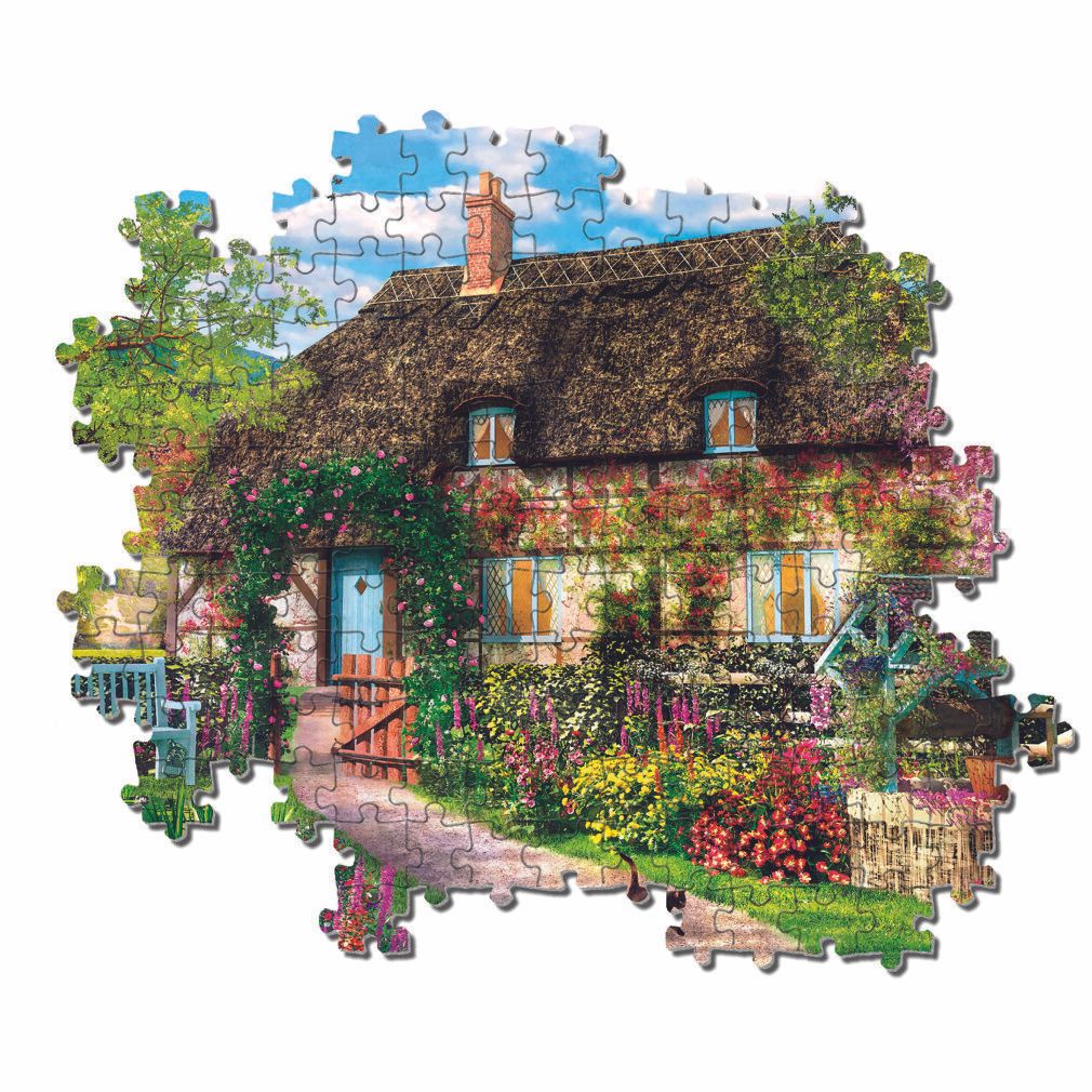 Immagine di un puzzle: cottage con giardino. Dettagli: casa, giardino, sentiero, pozzo, gatto, panchina. Cielo nuvoloso.