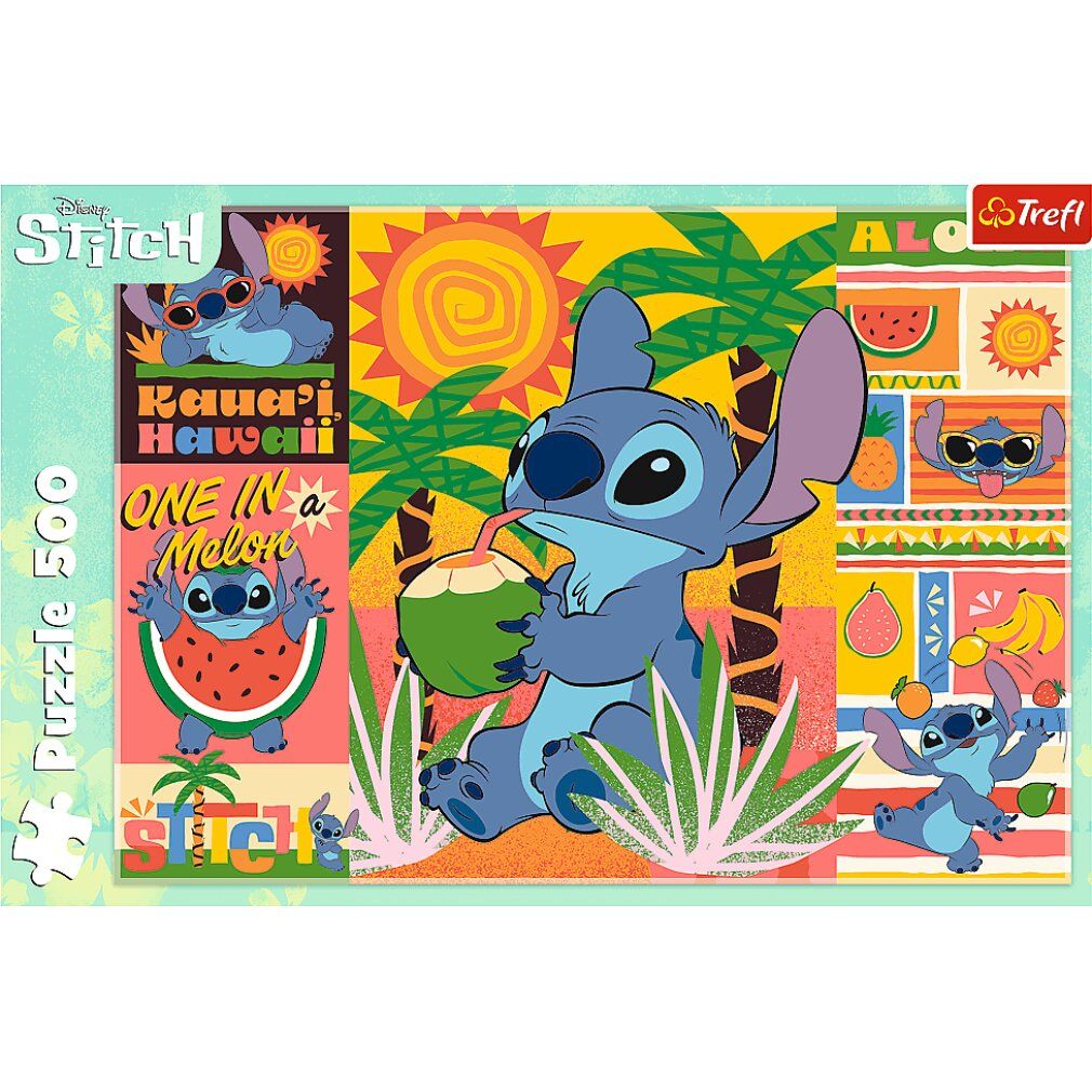 Puzzle Lilo & Stitch. Stitch beve una noce di cocco. 500 pezzi. Marchio Trefl. Pezzi del puzzle su un tavolo.