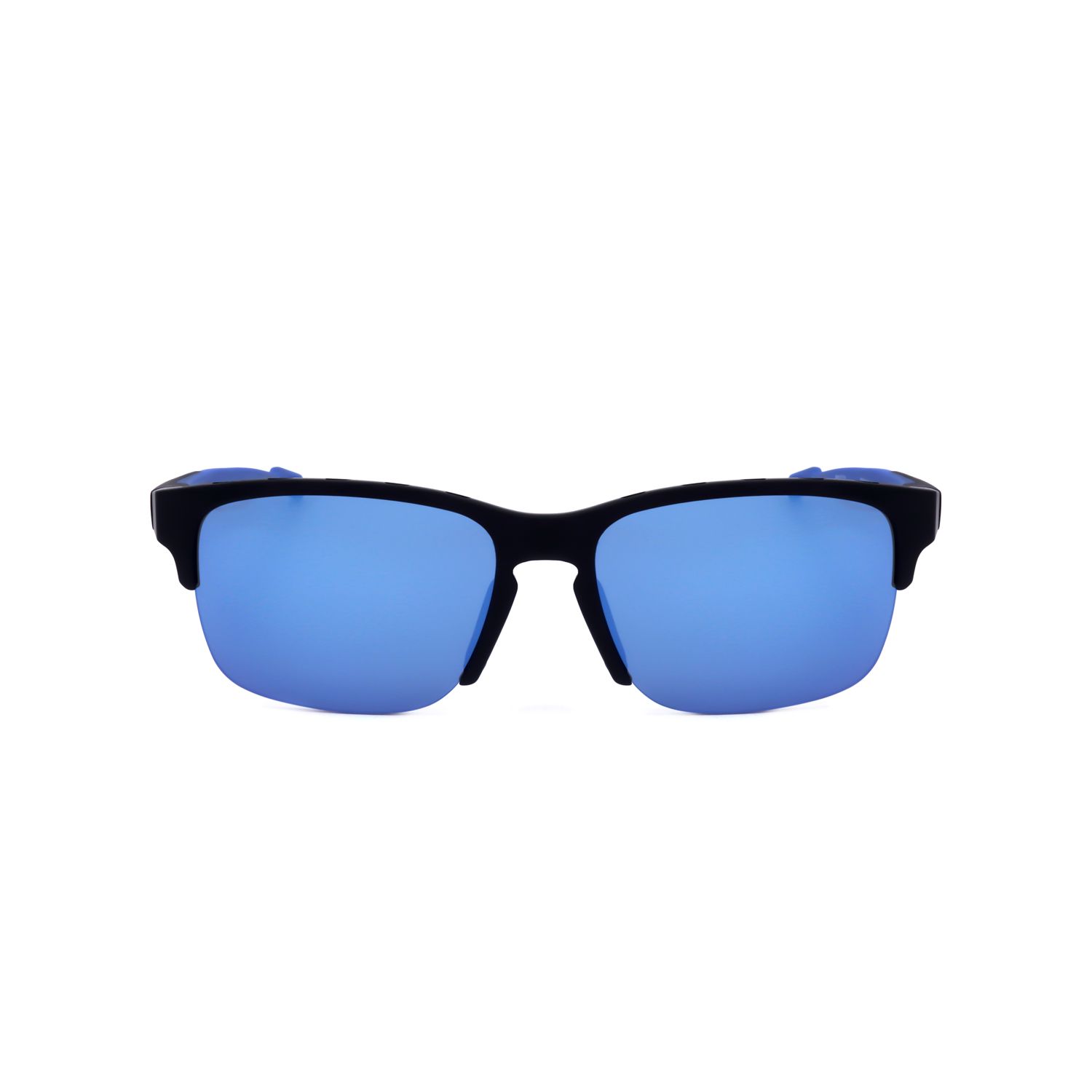 Occhiali da sole neri con lenti a specchio blu e montatura a mezzo cerchio.