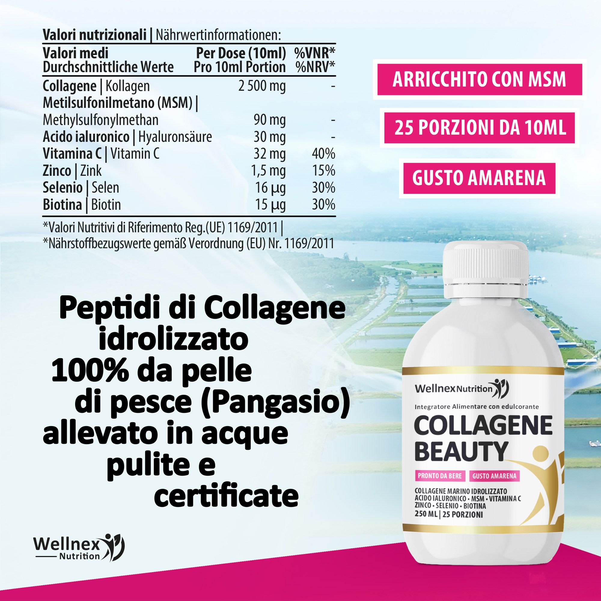 Wellnex Collagene da Bere Shot a Base Di Collagene Marino e Acido Ialuronico - Pelle Unghie Capelli