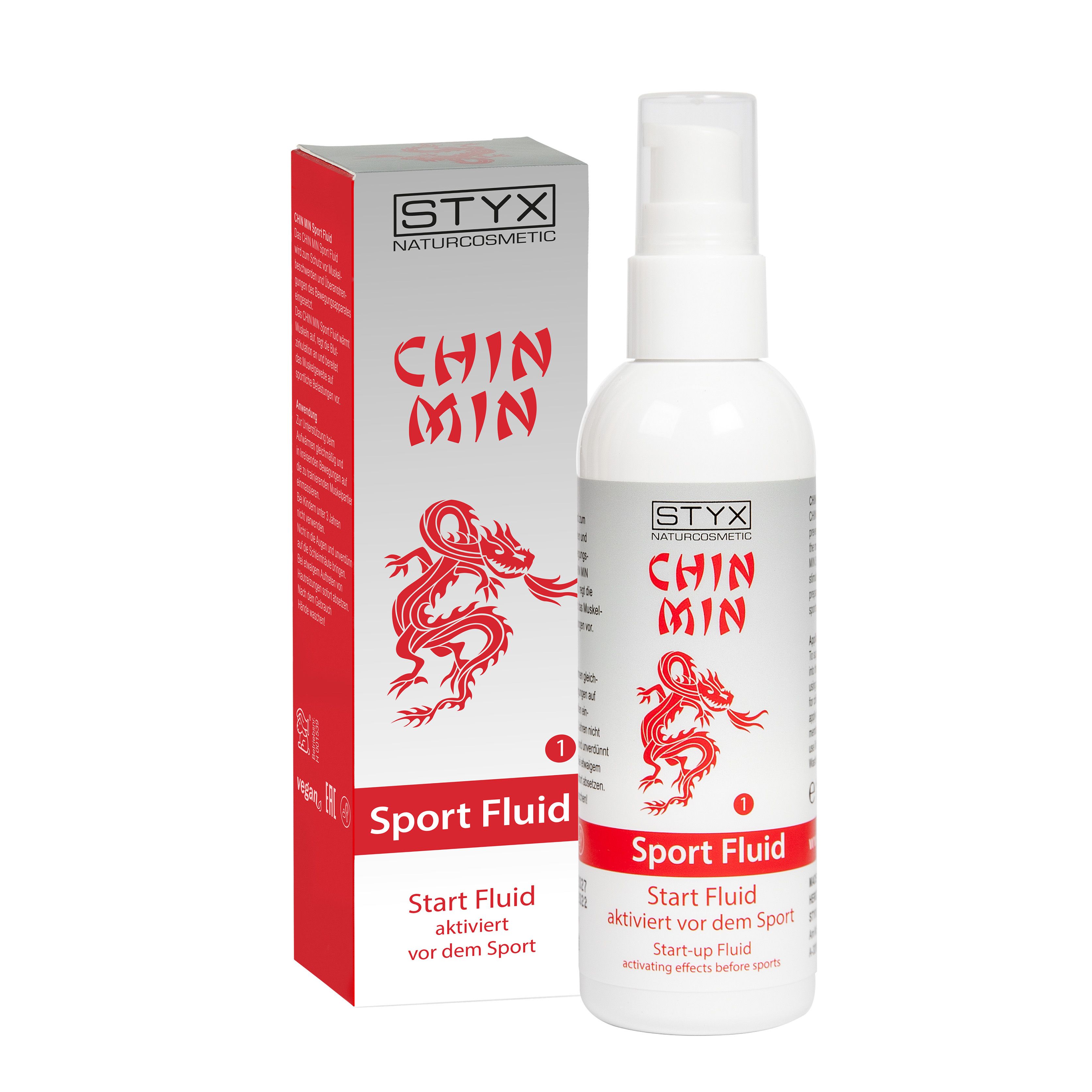 Flacone bianco e scatola con testo rosso e motivo drago. Testo: CHIN MIN Sport Fluid, Start Fluid.