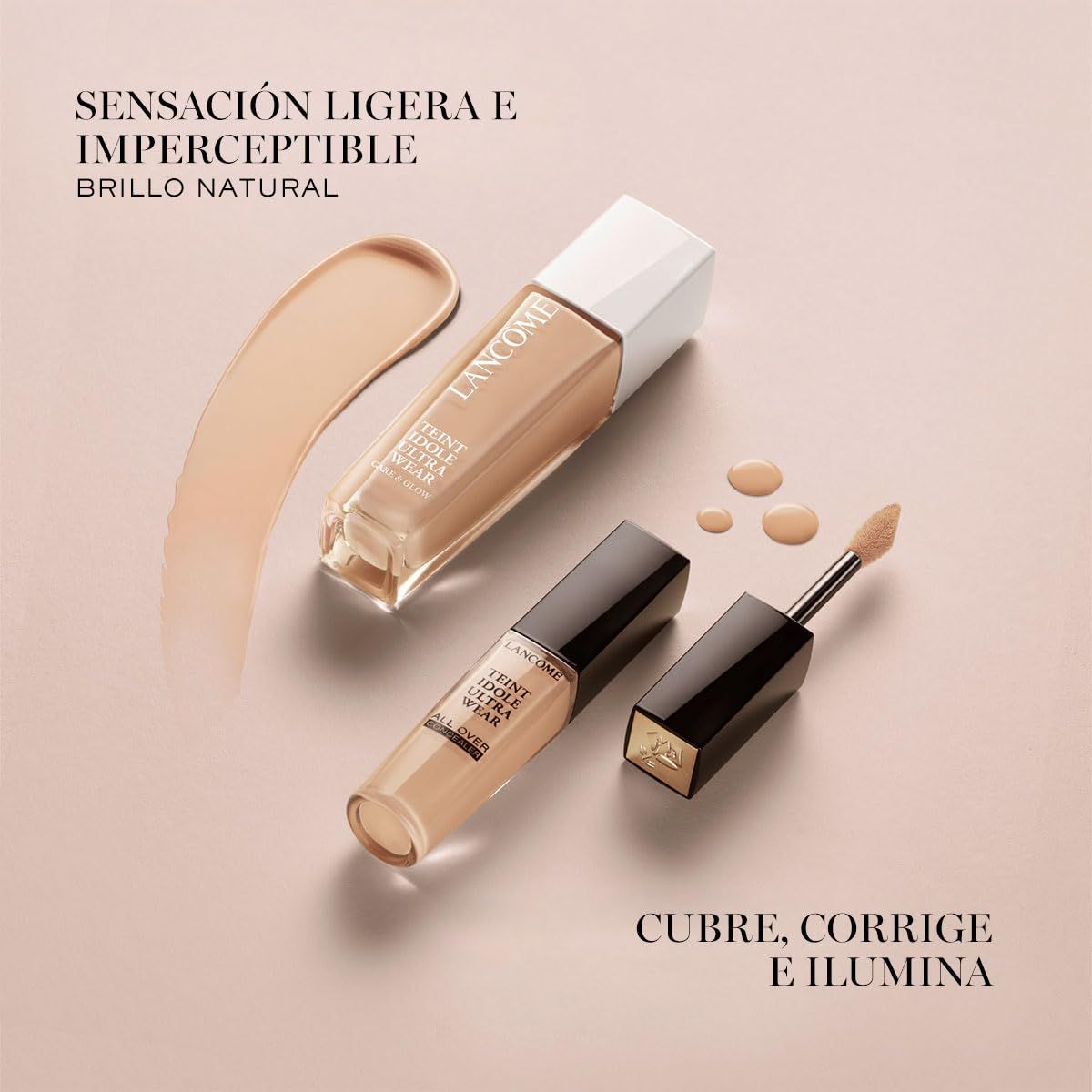 Flacone di fondotinta e correttore. Campione di colore accanto. Testo e gocce.