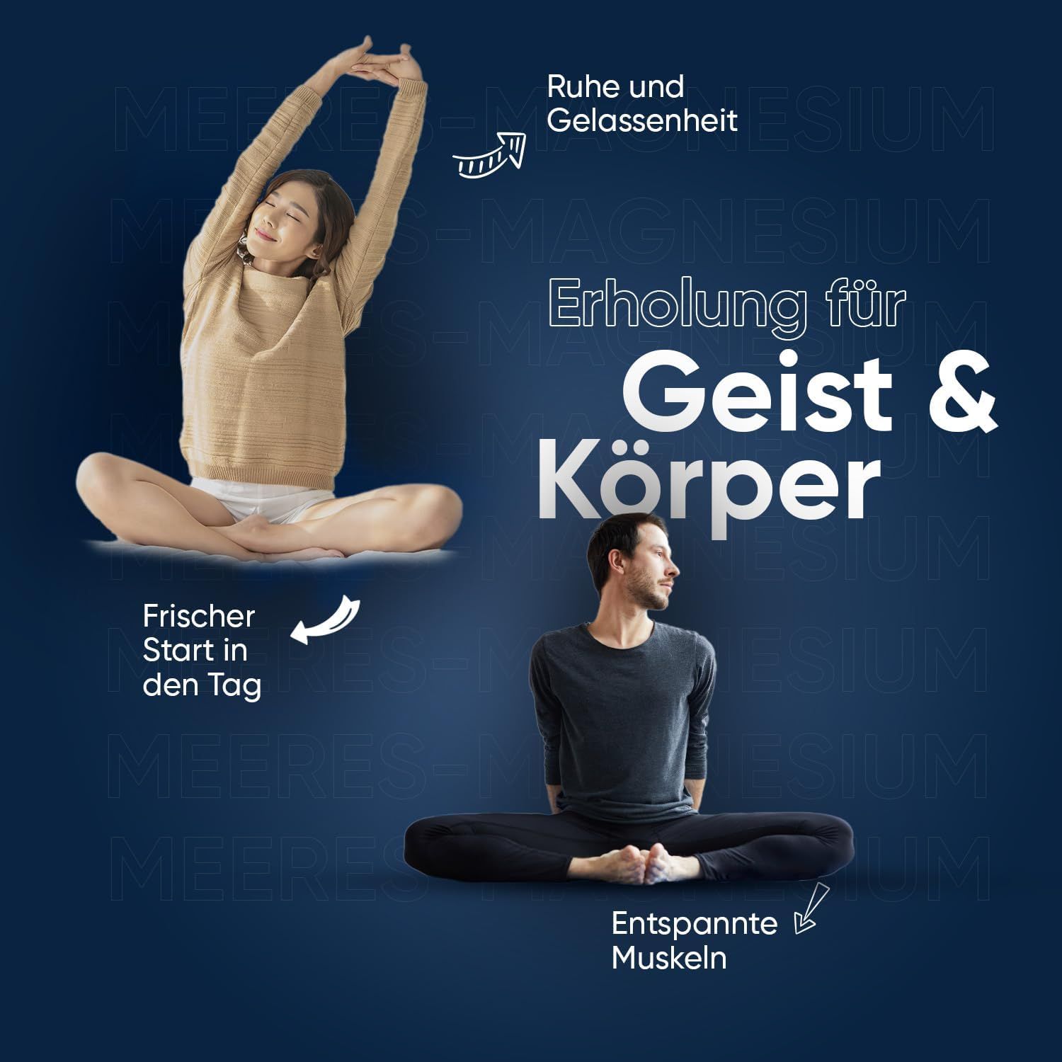 Due persone in posizioni yoga. Testo: Relax per mente e corpo. Inizio fresco. Muscoli rilassati.