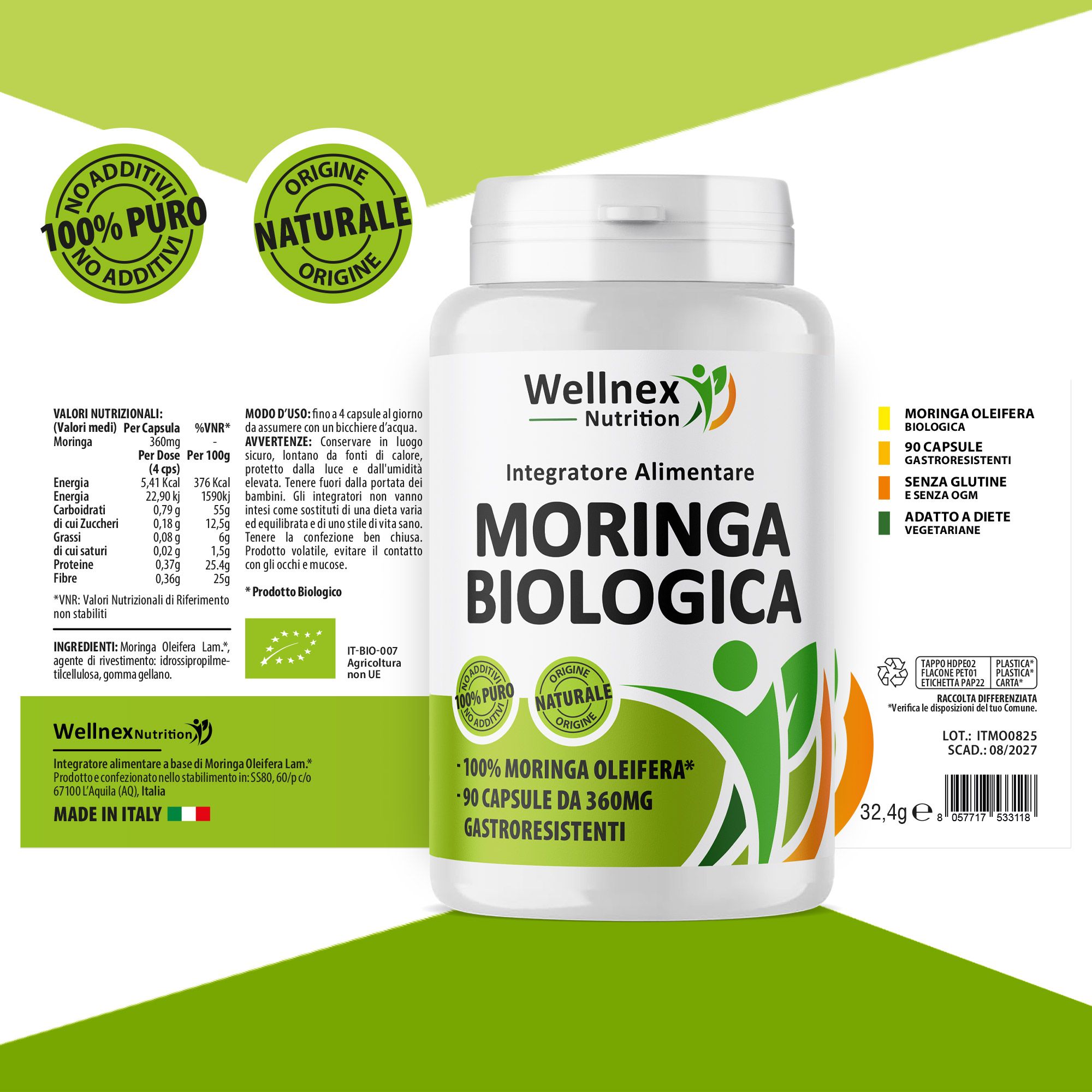 Wellnex Nutrition - Moringa Biologica in Capsule vegetali 90 Capsule Integratore Alimentare