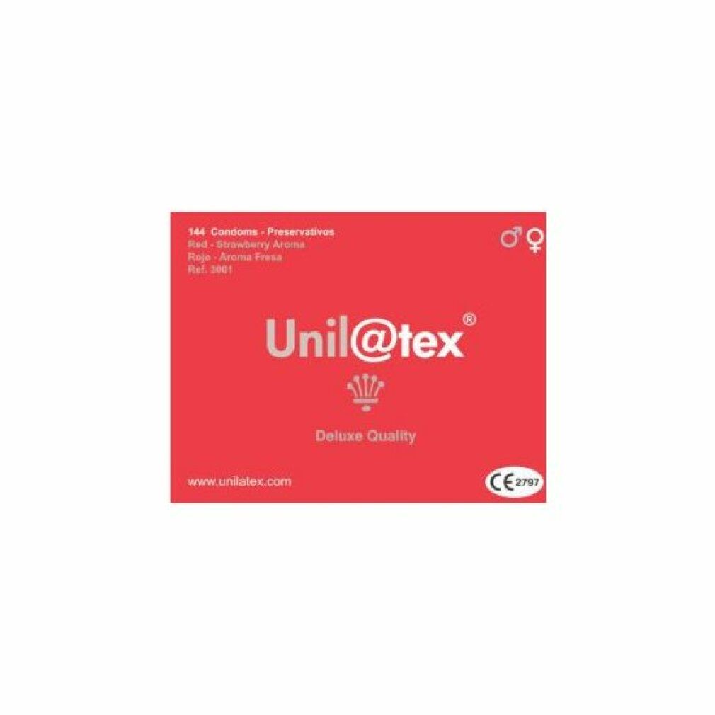 Confezione rossa Unil@tex, 144 preservativi, aroma fragola. Marchio CE.