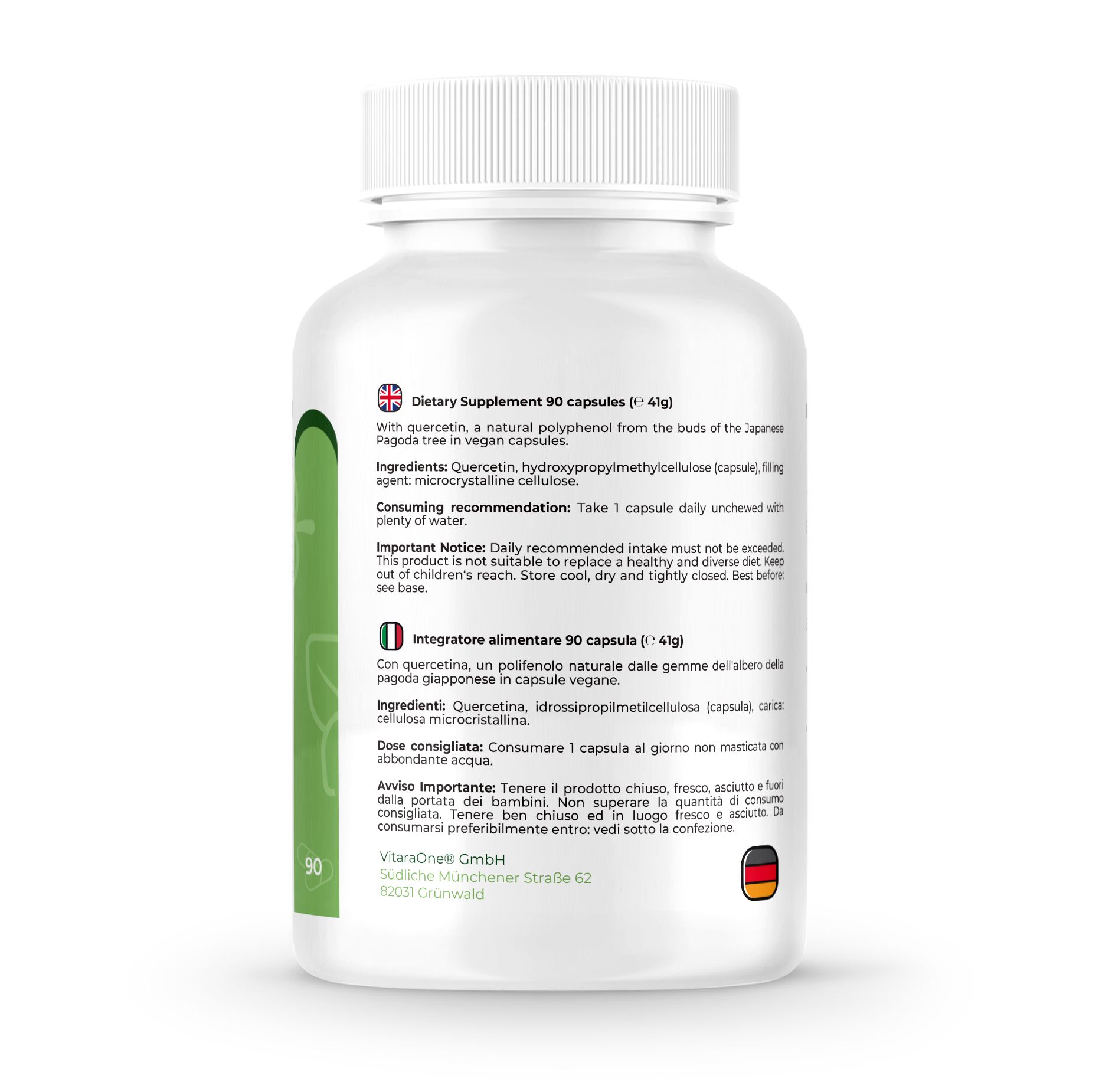 Retro del flacone. Scritta: Integratore alimentare, 90 capsule, vegano. Etichetta verde e bianca. Testo in inglese e italiano.