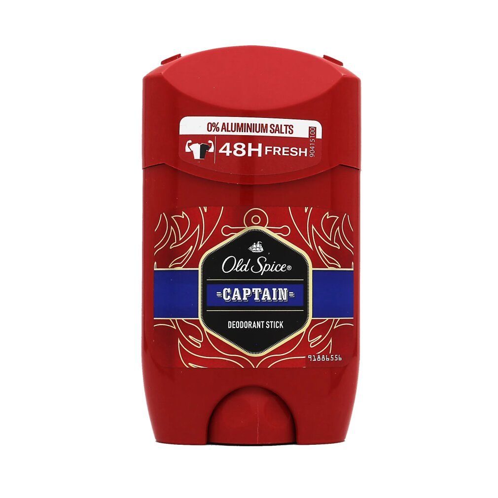 Stick deodorante rosso. Logo bianco e scritta: Old Spice Captain Deodorant Stick. 0% sali di alluminio.
