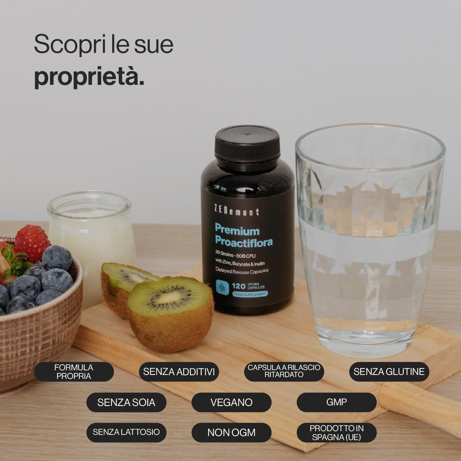 Prodotto con ingredienti. Scritta: Premium Proactiflora. Vegano, senza additivi, senza lattosio, senza glutine, senza OGM.