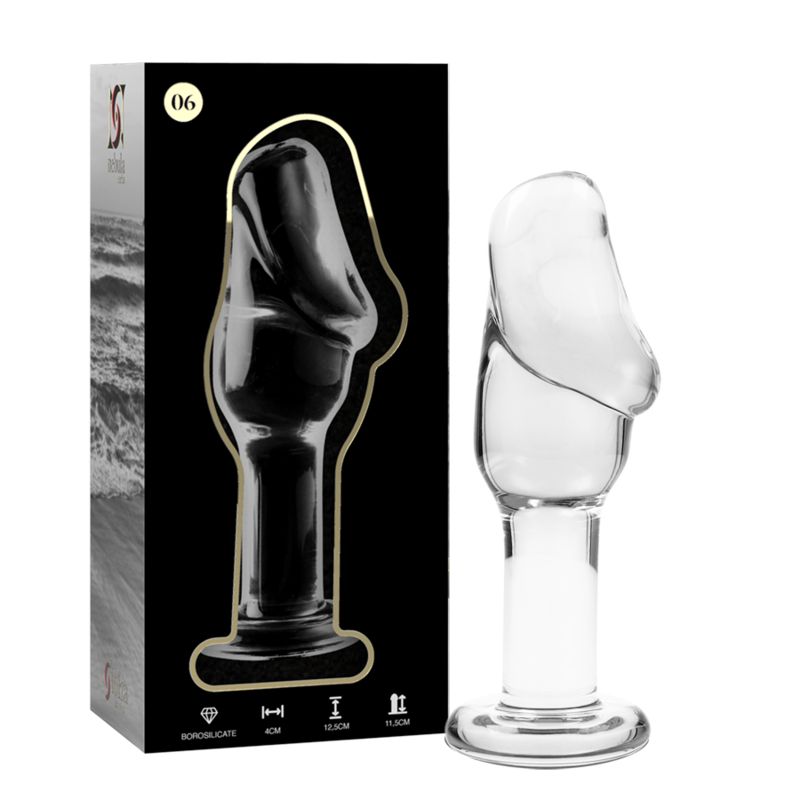 Spina anale in vetro borosilicato, lunga 12,5 cm, larga 4 cm.
