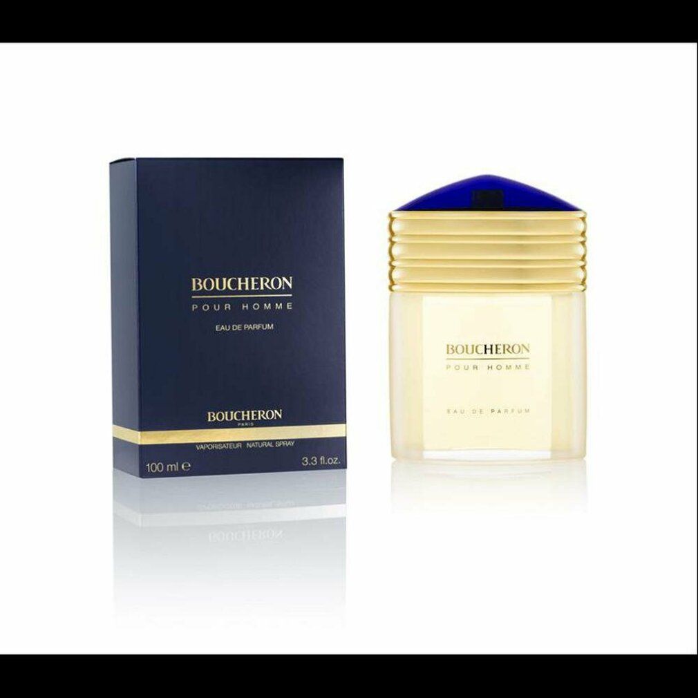 Scatola e flacone blu scuro. Flacone con tappo dorato e cappuccio blu. Scritta: Boucheron Pour Homme Eau de Parfum.