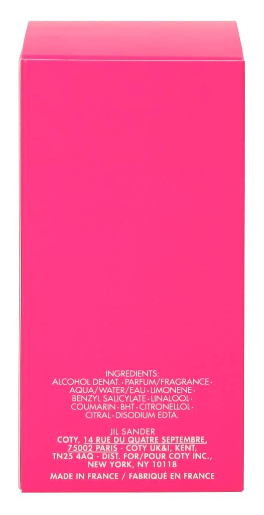 Confezione rosa con testi bianchi. Contiene ingredienti, indirizzo Jil Sander, paese di produzione.