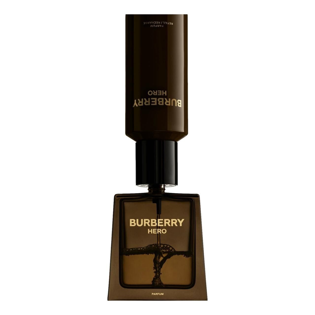 Burberry Hero Parfum e ricarica. Flaconi marroni con tappi neri. Scritta dorata. Ricarica.