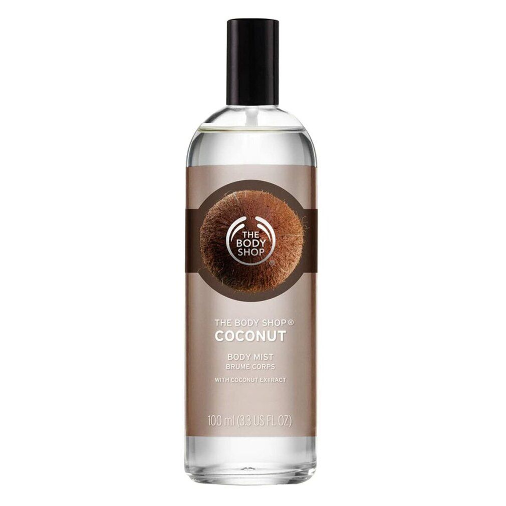 Flacone di nebbia per il corpo con vaporizzatore nero. Scritta "Coconut". Marchio: The Body Shop. Decorazione cocco. 100 ml.