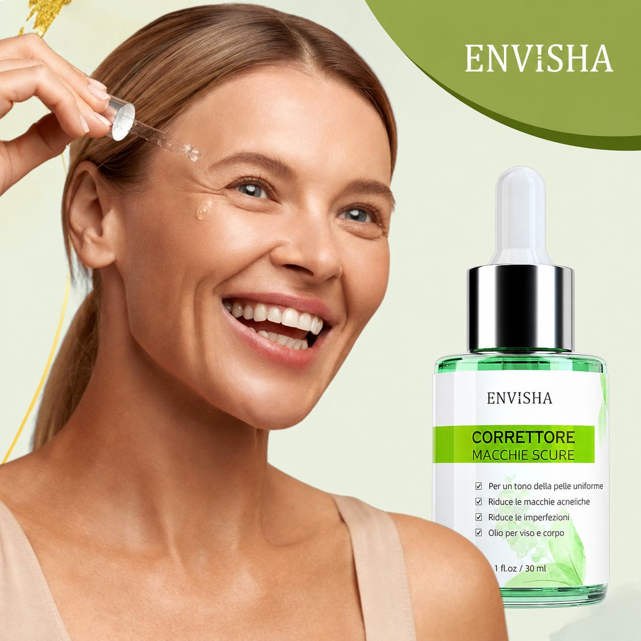 Flacone di vetro verde con contagocce. ENVISHA Corrector Oil. Donna con contagocce. Sorridente.