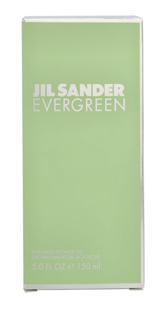 Scatola verde chiaro con scritta Jil Sander Evergreen. Testo: Perfumed Shower Gel. 5.0 FL OZ e 150 ml.